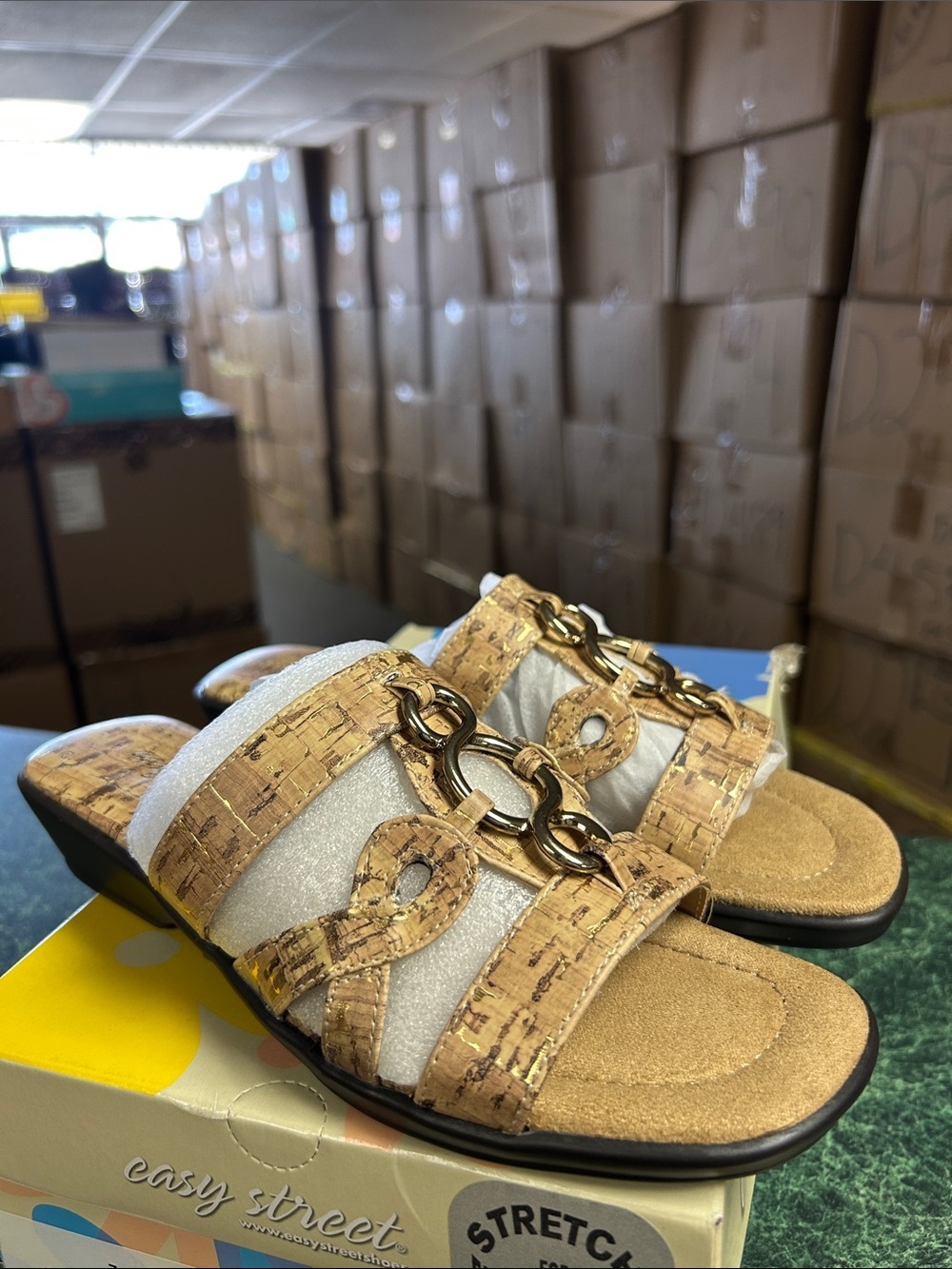 easy street Tan Cork Slide Sandals with Gold Chain Accent (Narrow)